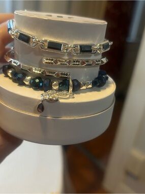 Women’s Silver and Hematite Bead Stack Bracelet Set - Dark blue